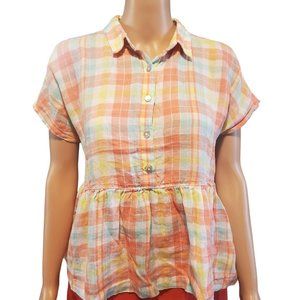 Isaac Mizrahi Sz S Peplum Plaid 100% Linen Blouse Baby Shower Gender Reveal